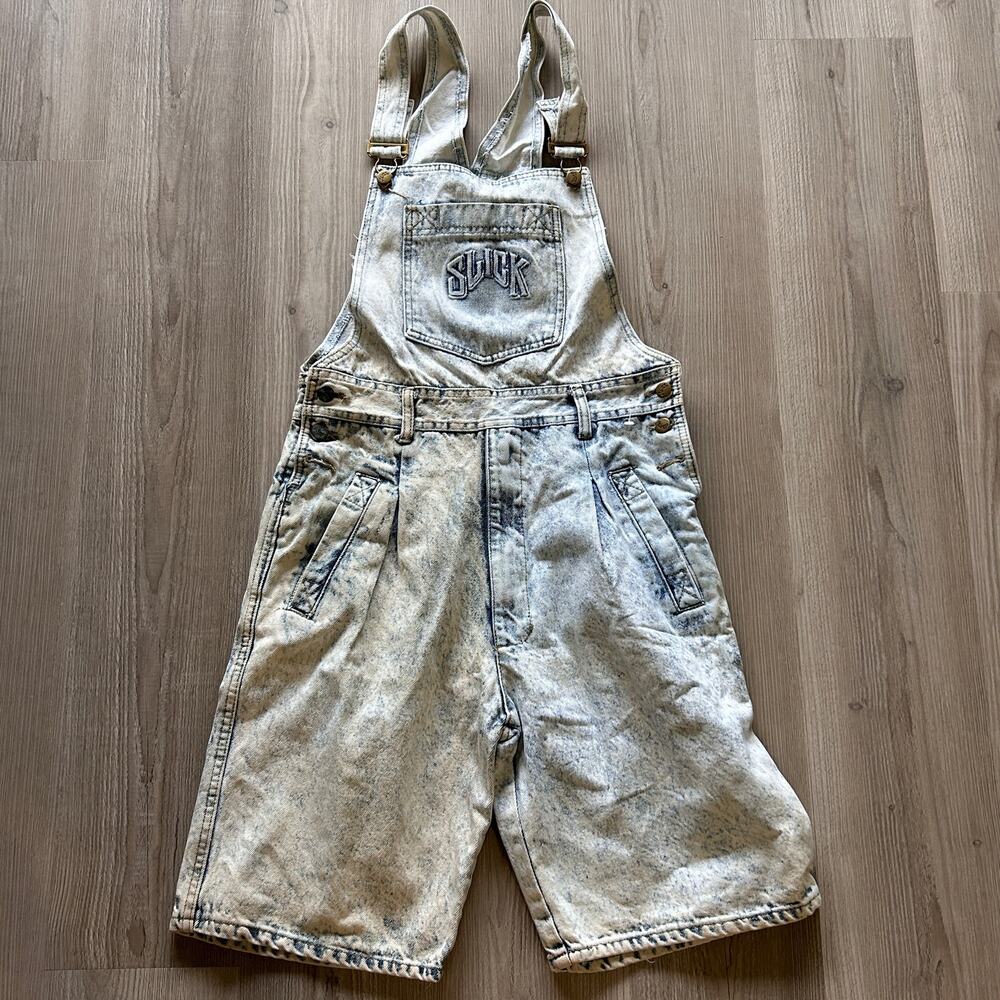 Vintage 90's Slick Acid Wash Denim Blue Jean Grunge Skate Overalls Shorts Sz M
